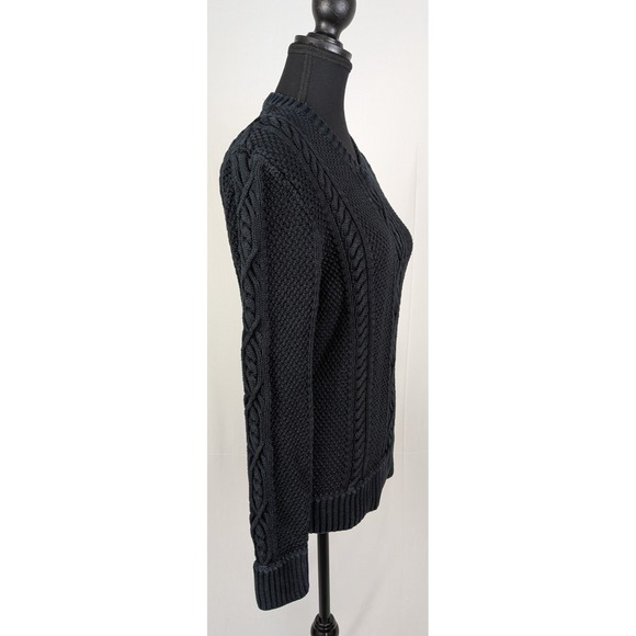 Theory Women's Small Black Heavy Cable Knit V-Neck Wool Blend Sweater - Picture 3 of 10